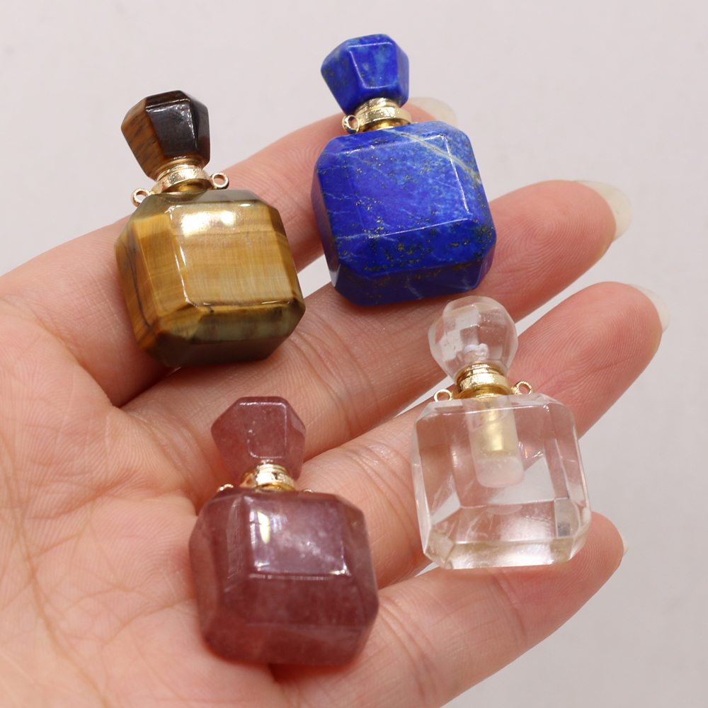 Natural Semi-precious Stone Clear Quartz Square Perfume Bottle Pendant charm Connector for DIY Necklace Bracelet Making Jewelry